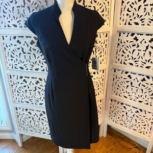 NWT Calvin Klein Black Cap Sleeve V Neck Wrap Dress Side Embossed Buckle Sz 4